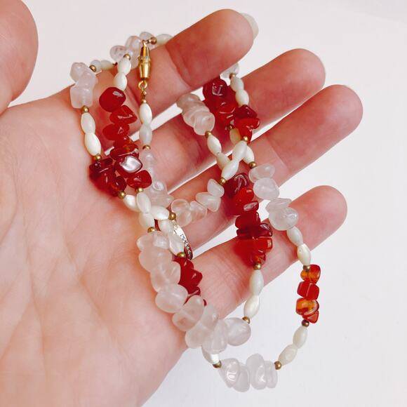 Vintage 90s Gemstone Necklace Carnelian Rose Quartz Shell Beaded Boho 24” - Picture 5 of 15